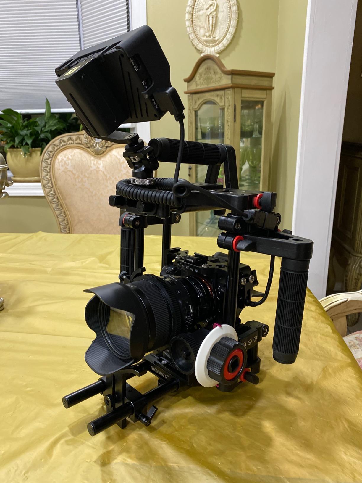 FC-CTH Power Camera Cage with Top Handle, Side Grips & 15mm Rods | Quick-release baseplate with cold shoe mount, work with DSLR cameras up to 17.4 × 16.4 cm inner cage size customer photo 2