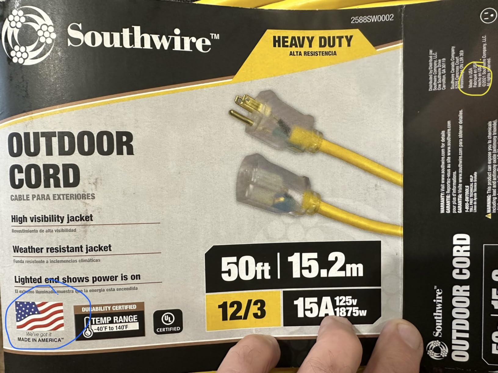 Southwire Outdoor Extension Cord – Durable Vinyl Jacket for For Farm, Ranch & Workshop - Lighted End With Reinforced Blades - SJTW, Yellow - 12 Gauge, 3 Prong - 100 Feet customer photo 2