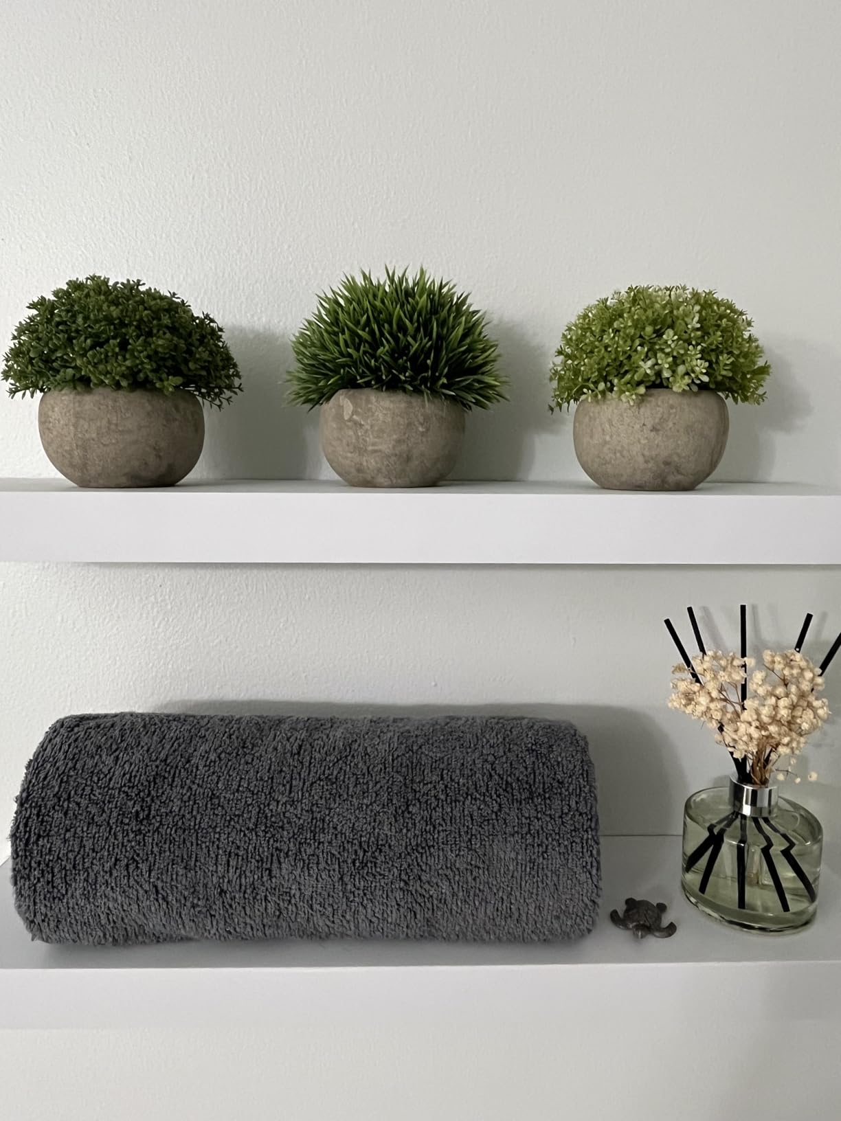Opps Artificial Plastic Mini Plants Unique Fake Fresh Green Grass Flower in Gray Pot for Home Décor – Set of 3 customer photo 2