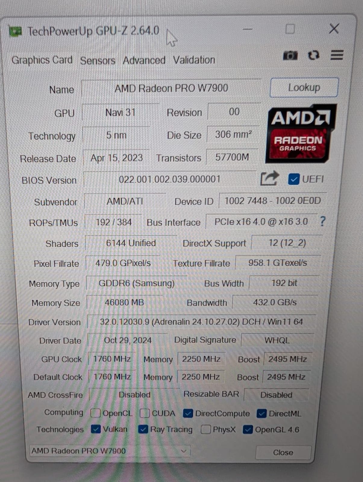 AMD Radeon™ Pro W7900, Professional Graphics Card, Workstation, AI, 3D Rendering, 48GB GDDR6, AV1, 61 TFLOPS, 96CUS, 295W TDP, 8K, 1x Mini DisplayPort, 3 x DisplayPort™ 2.1 customer photo 2