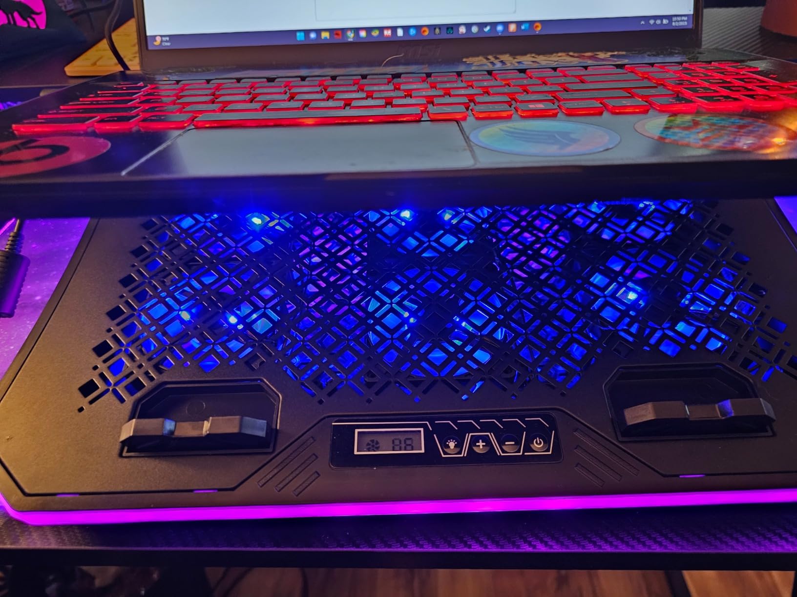 KeiBn Upgraded Gaming Laptop Cooler Pad with 9 Quiet RGB Fans, Cooling Pad for 15.6-17.3 Inch Laptops with 7 Height Stands, 2 USB Ports, Phone Stand-Blue customer photo 2
