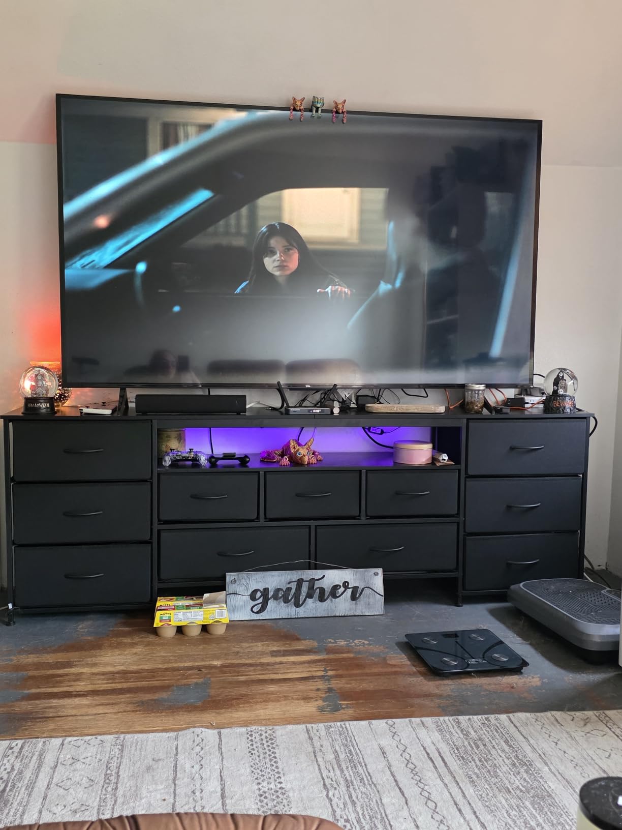 Huuger 63 Inch TV Stand for 65, 70 Inch TV, 11 Drawer Long Dresser with Power Outlets and LED Lights, Entertainment Center with Storage, Black Dresser with PU Leather Surface customer photo 2