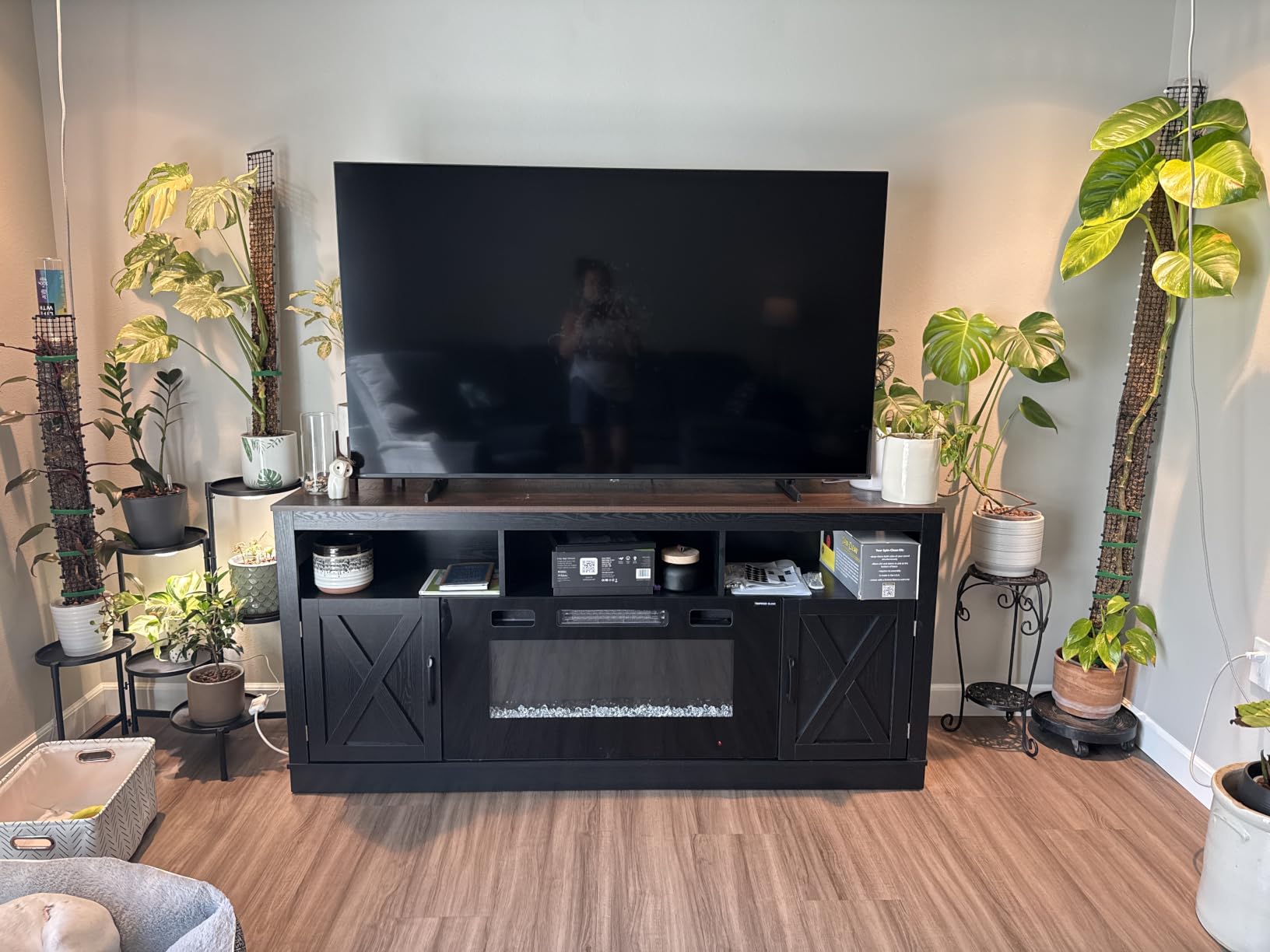 Farmhouse Fireplace TV Stand for 70/75/80 Inch TV, 32”Tall Entertainment Center w/ 36”Electric Fireplace & LED Light, 70”Media Console w/Barn Door Cabinet for Living Room, Rustic Brown customer photo 2