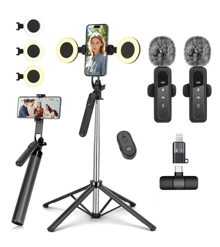 Vlogging Kit for iPhone/Android, Metal Selfie Stick Tripod for iPhone with Light and Microphone,70 inch Tall Adjustable Phone Tripod for TikTok/YouTube Starter Content Creator Essentials Kit customer photo 2