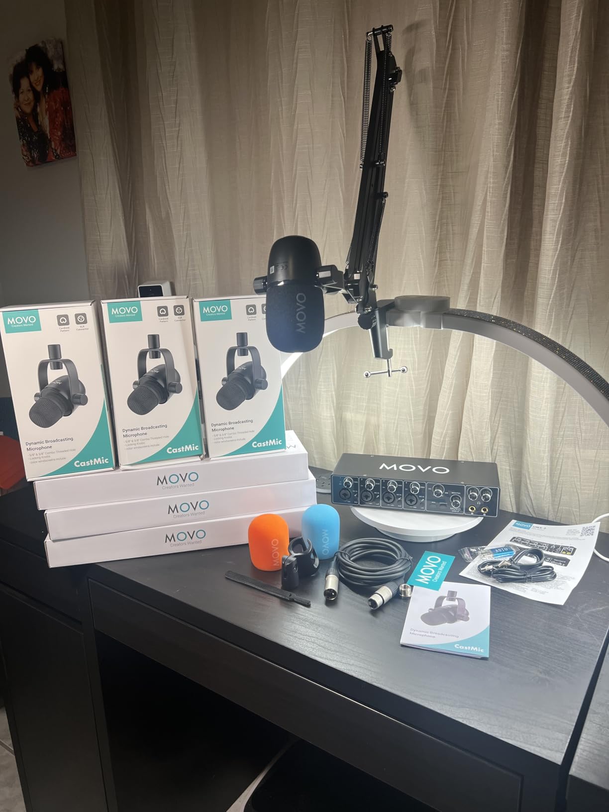 Movo 4-Person Podcast Equipment Bundle – 4-Channel USB Audio Interface, 4 CastMic Dynamic Microphones, 4 Boom Arms – Complete Recording Kit customer photo 1